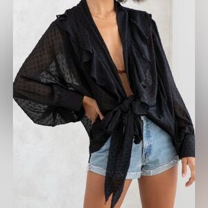 Lovestitch Black Sheer Tie-Front Blouse/Kimono Size S/M (Runs Big)